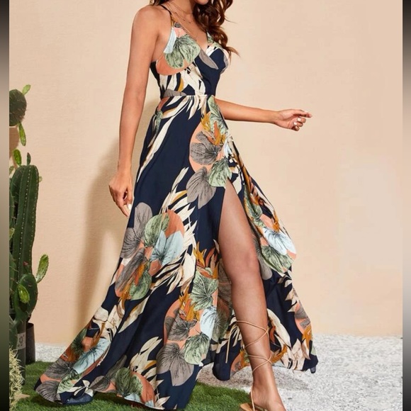 Boho Floral Tropical Print Slit Criss Cross Back Maxi Dress - Picture 3 of 5